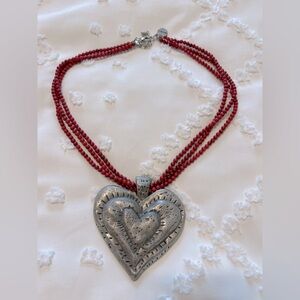 WEST & CO ❤️ red triple strand bead necklace with 3” SILVER hammered HEART ❤️